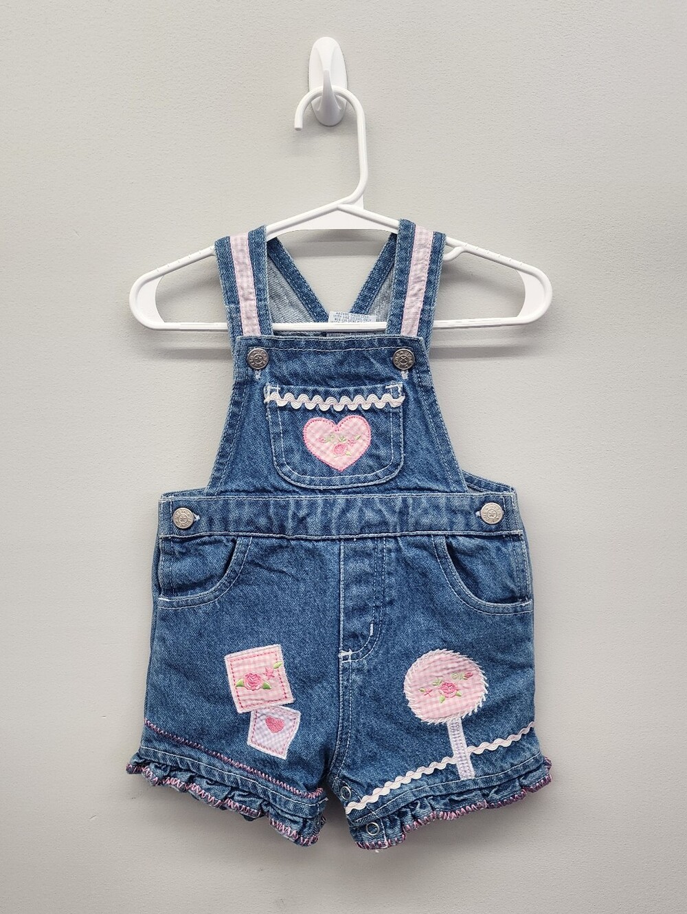 Vintage Style Baby Girl 6-9M Denim Shortalls Pink Floral Heart Overalls